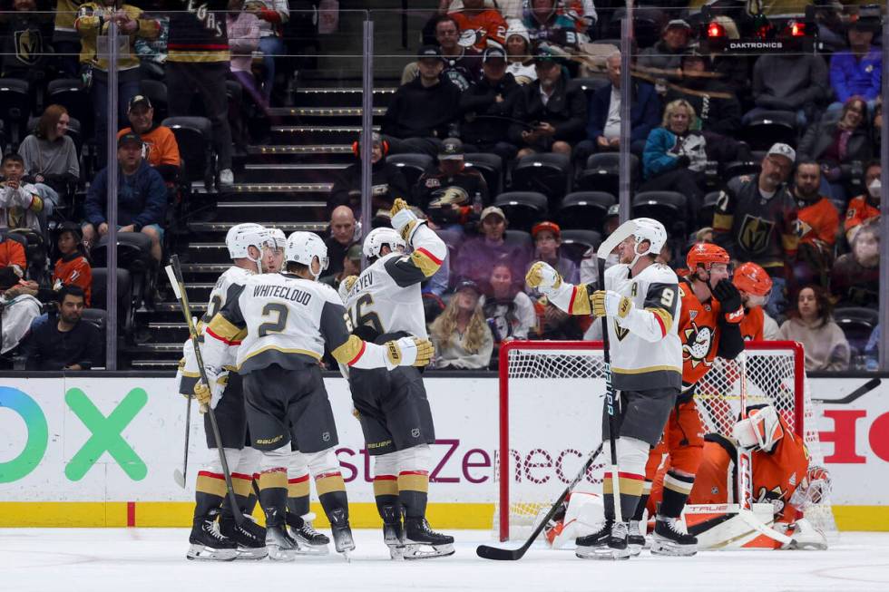 Vegas Golden Knights left wing Pavel Dorofeyev, center, celebrates his goal with teammates duri ...