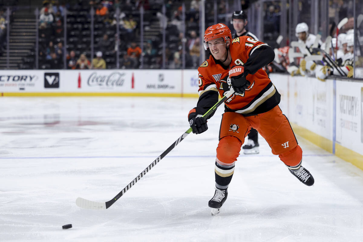 Anaheim Ducks center Ryan Strome shoots during the third period of an NHL hockey game against t ...