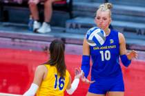 San Jose State setter Brooke Slusser (10) receive s the ball from libero Alessia Buffagni (16) ...