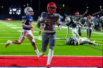 Arbor View wide receiver Damani Warren (3) eases into the end zone against Liberty defenders du ...