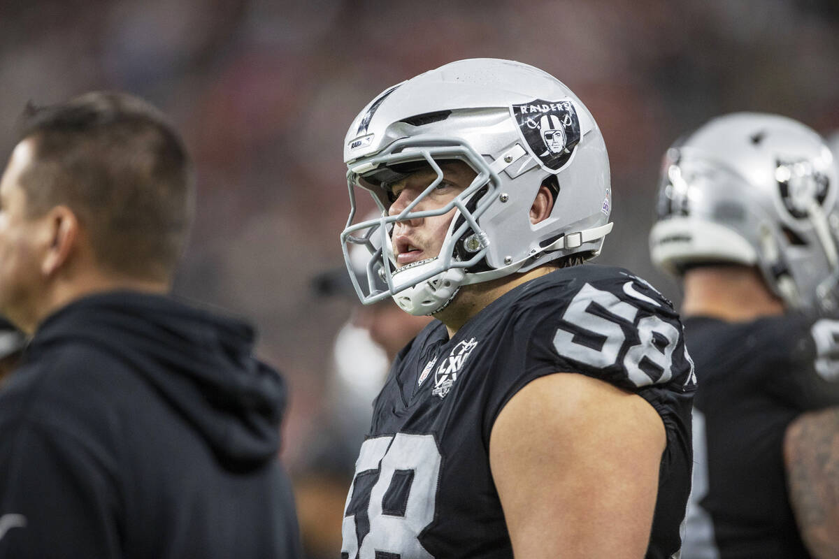 Raiders guard Jackson Powers-Johnson (58) on the sideline during the second half of an NFL game ...