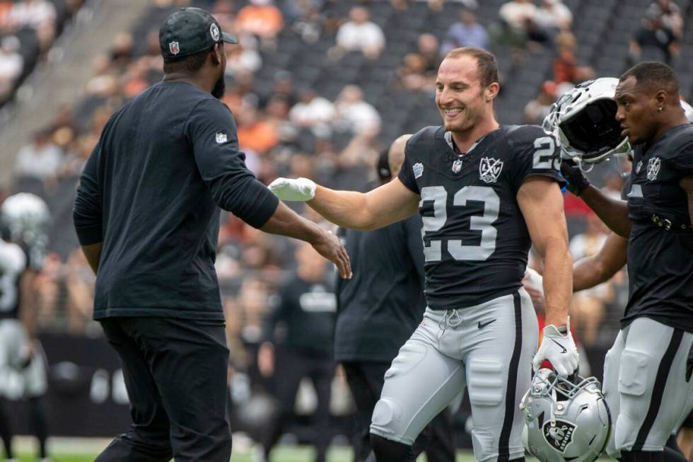 Raiders running back Dylan Laube (23) before an NFL game against the Cleveland Browns at Allegi ...