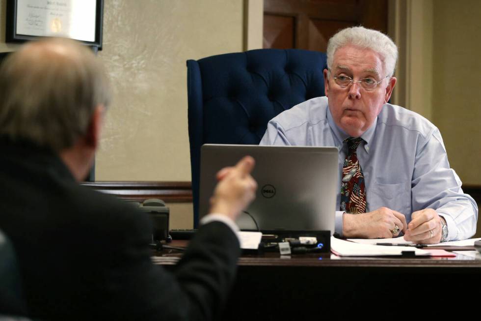 Nevada Assembly Speaker-designee John Hambrick talks with Assemblyman John Ellison, R-Elko, lef ...