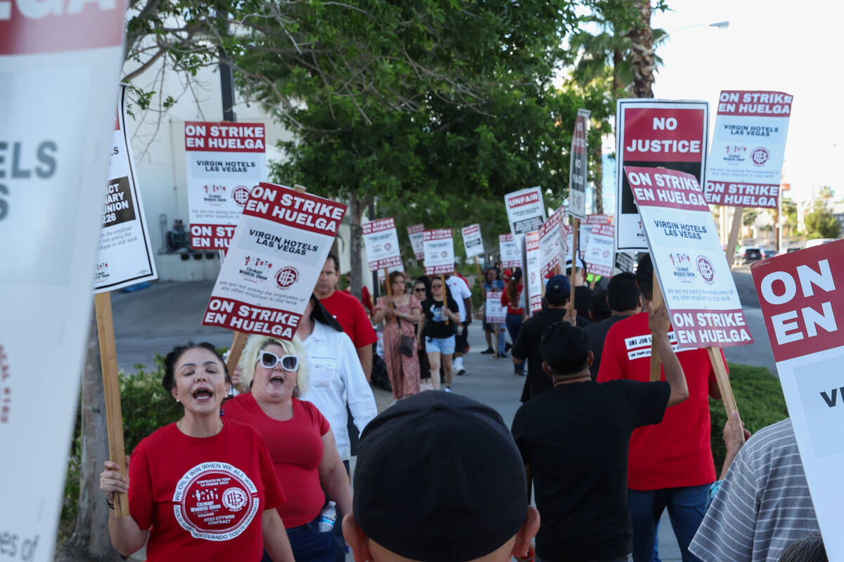 Hospitality workers demonstrate on the second day of their strike outside Virgin Hotels Las Veg ...