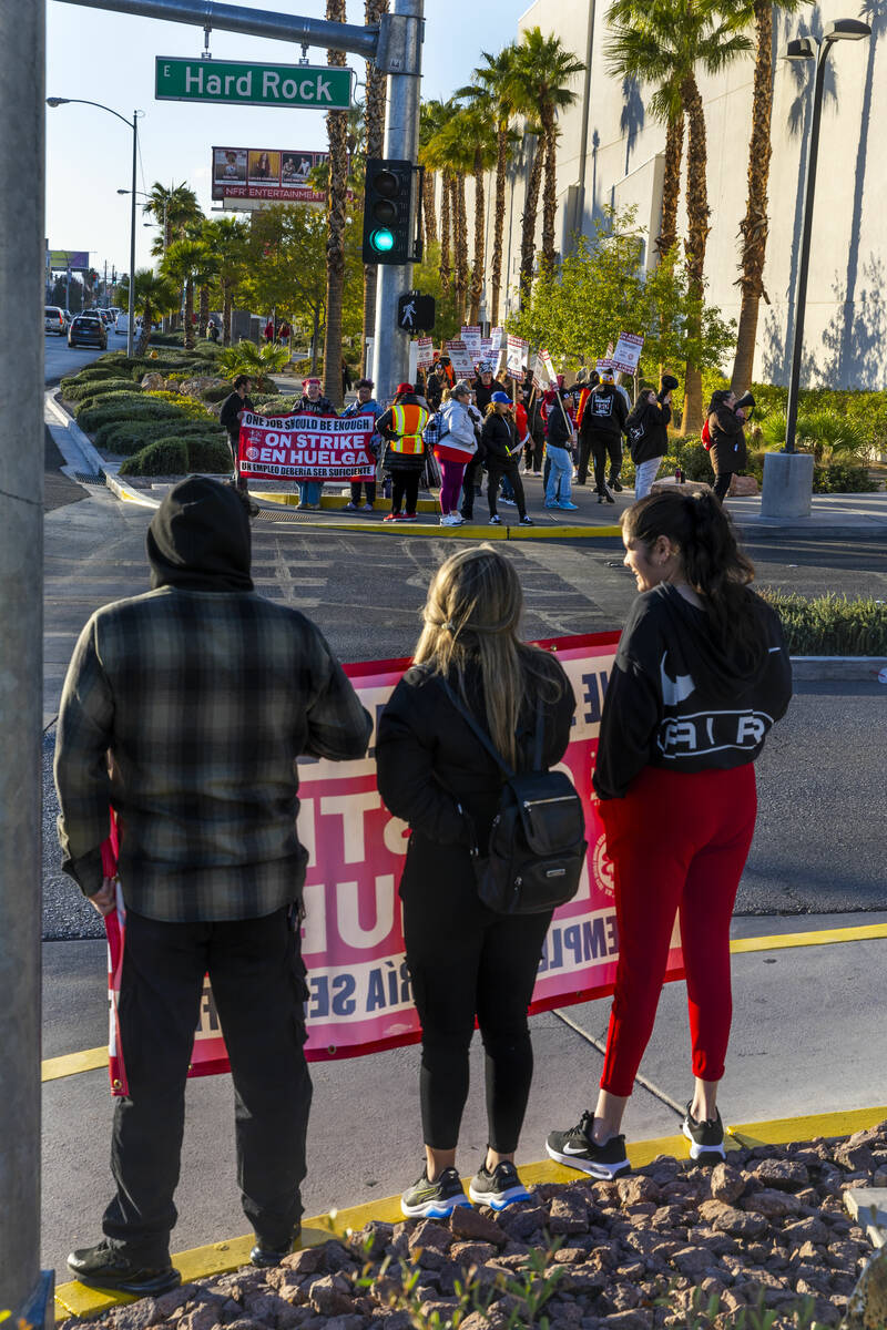 Culinary Local 226 workers on strike outside the garage off of E. Hard Rock at the Virgin Hotel ...