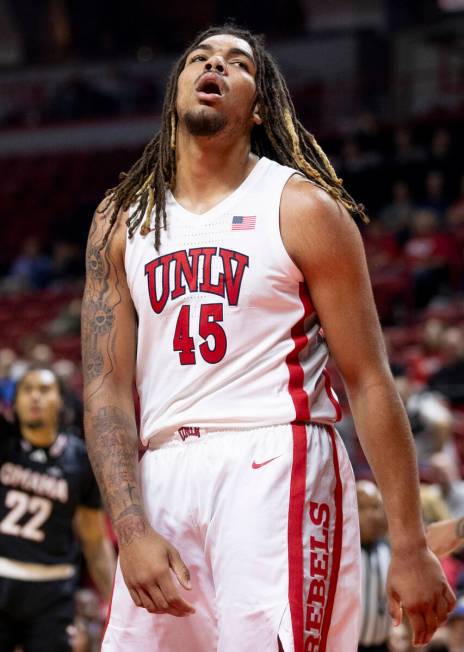 UNLV forward Jeremiah Cherry (45) reacts after a foul is called during the college basketball g ...