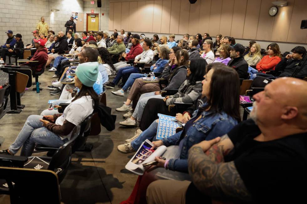 Supporters listen to Riley Gaines speak during an event hosted by UNLV’s turning point c ...