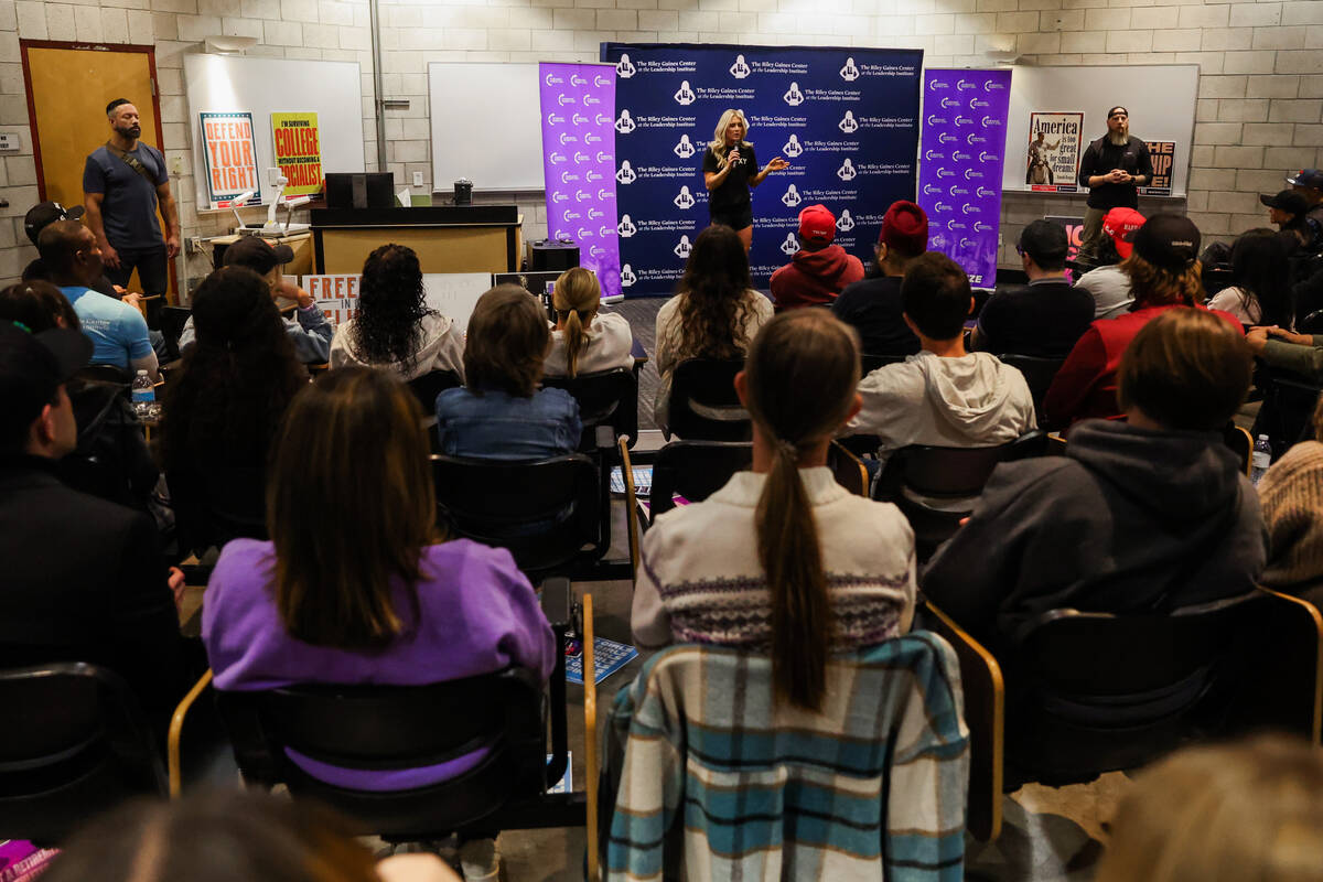 Riley Gaines speaks during an event hosted by UNLV’s turning point chapter and the Riley ...