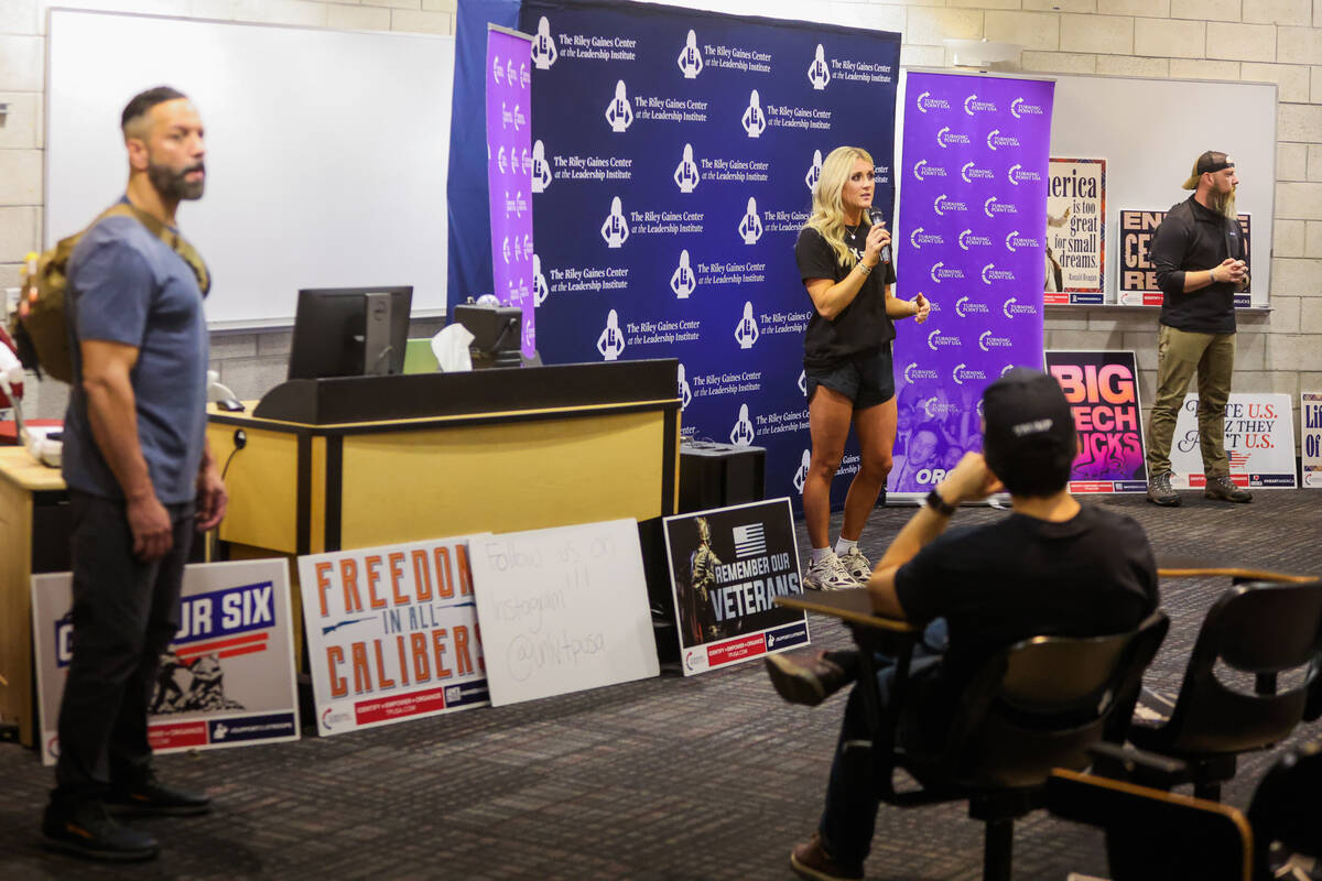 Riley Gaines speaks during an event hosted by UNLV’s turning point chapter and the Riley ...