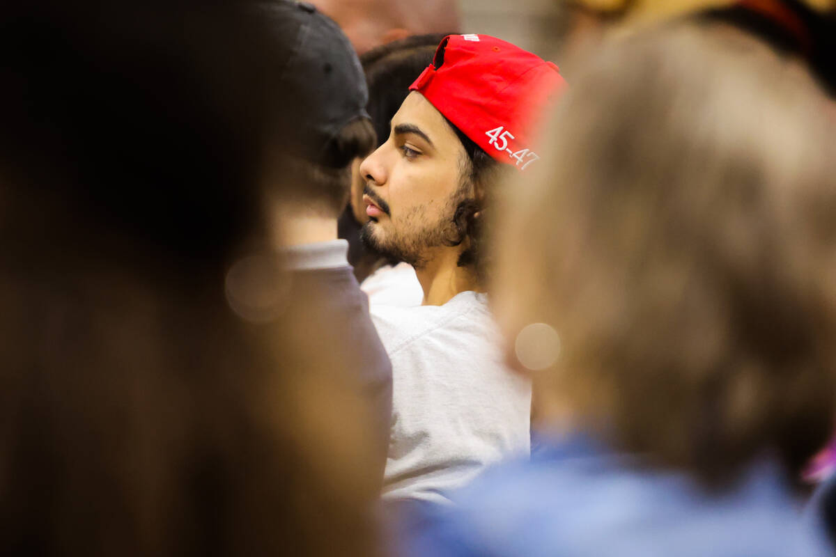 Supporters listen to Riley Gaines speak during an event hosted by UNLV’s turning point c ...