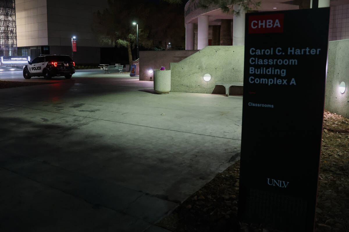 A single police vehicle sits outside of an event as Riley Gaines speaks at the Carol C. Harter ...