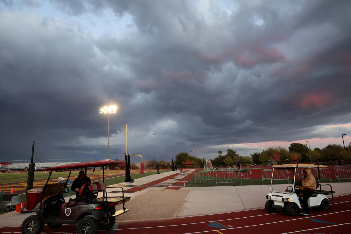 Sun sets over the football field at Faith Lutheran Middle School and High School before Faith L ...