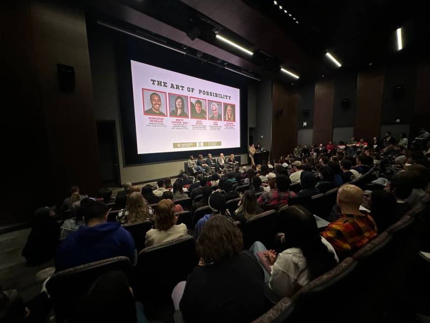 An overflow crowd is shown at UNLV's Flora Dungan Humanities Building during a panel discussion ...