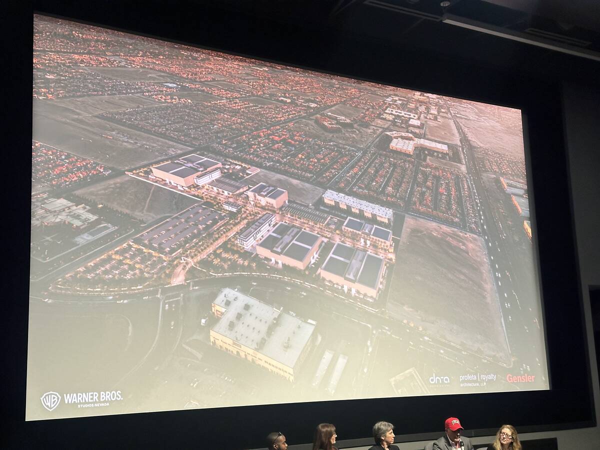 A rendering of the proposed 34-acre Warner Bros. Studios Nevada is shown at UNLV's Flora Dungan ...