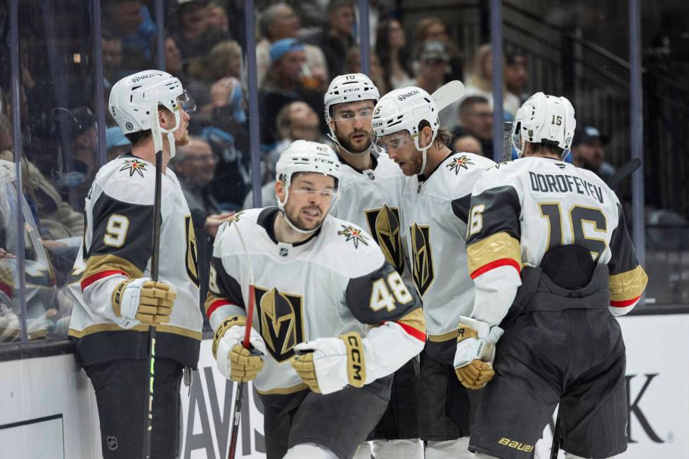 Vegas Golden Knights celebrate after a goal by center Tomas Hertl (48) against the Utah Hockey ...