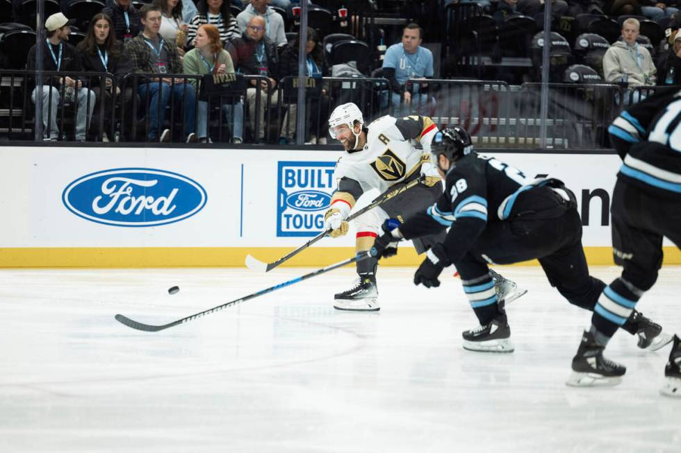 Vegas Golden Knights defenseman Alex Pietrangelo (7) shoots the puck against Utah Hockey Club c ...