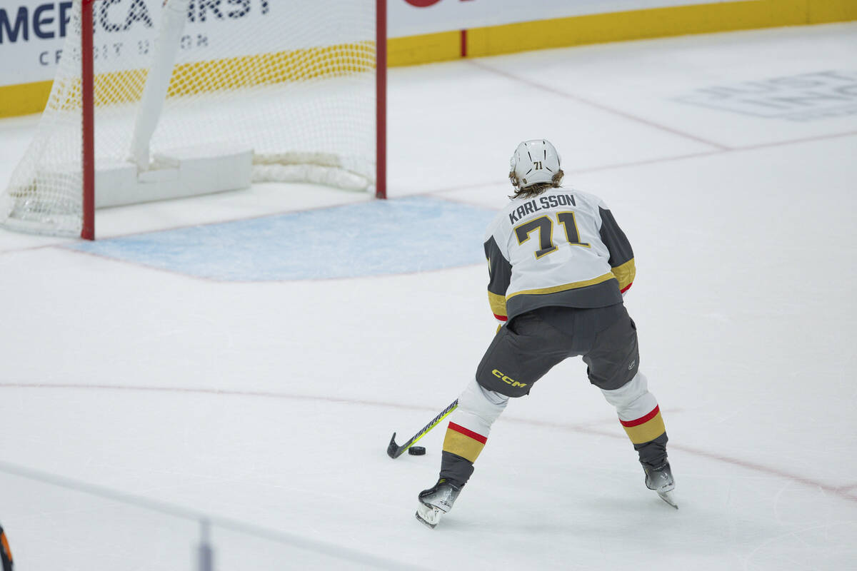 Vegas Golden Knights center William Karlsson (71) scores on the Utah Hockey Club during the thi ...