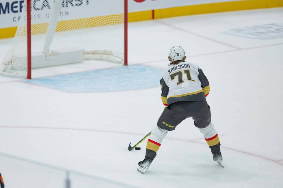 Vegas Golden Knights center William Karlsson (71) scores on the Utah Hockey Club during the thi ...