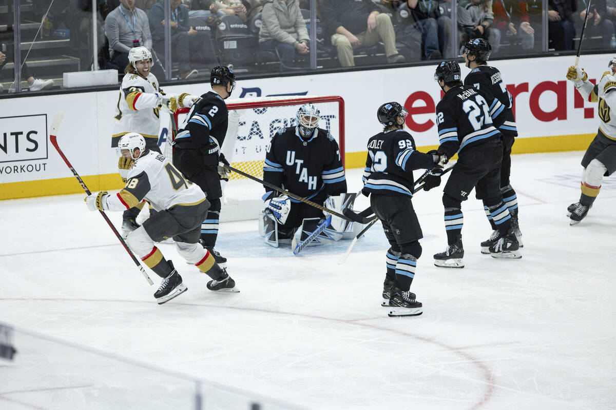 Vegas Golden Knights center Tomas Hertl (48) celebrates after scoring on Utah Hockey Club goalt ...