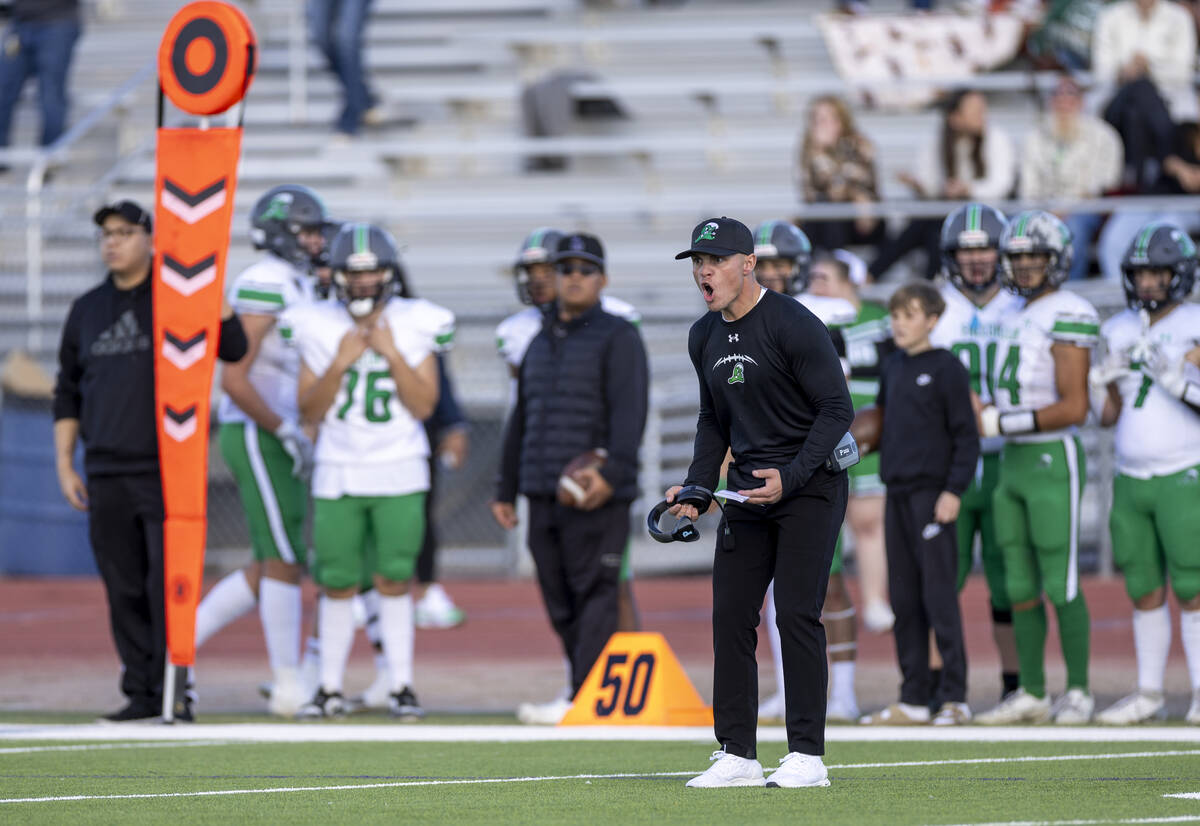 Churchill County Head Coach Calvin Connors reacts after a flag is thrown during the 3A state se ...