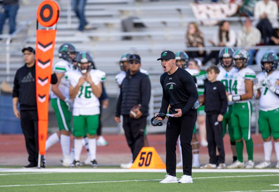 Churchill County Head Coach Calvin Connors reacts after a flag is thrown during the 3A state se ...