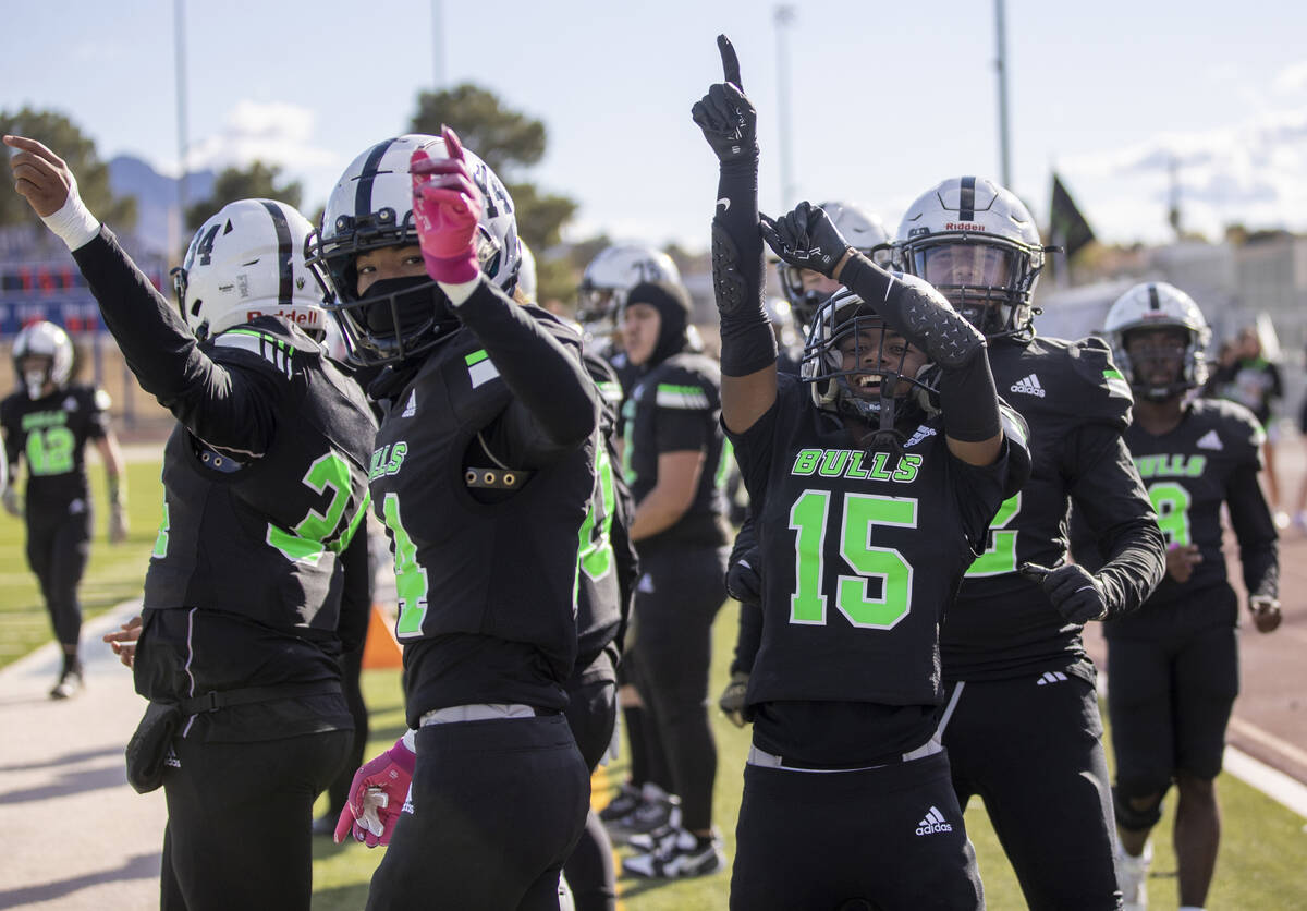 The Churchill County sideline celebrates after a touchdown is scored during the 3A state semifi ...