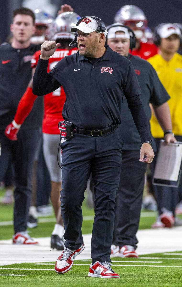 UNLV head coach Barry Odom is pleased with his team's play against the San Diego State Aztecs d ...