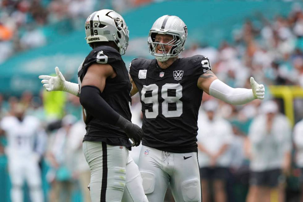 Las Vegas Raiders defensive end Maxx Crosby (98) celebrates a sack during the first half of an ...