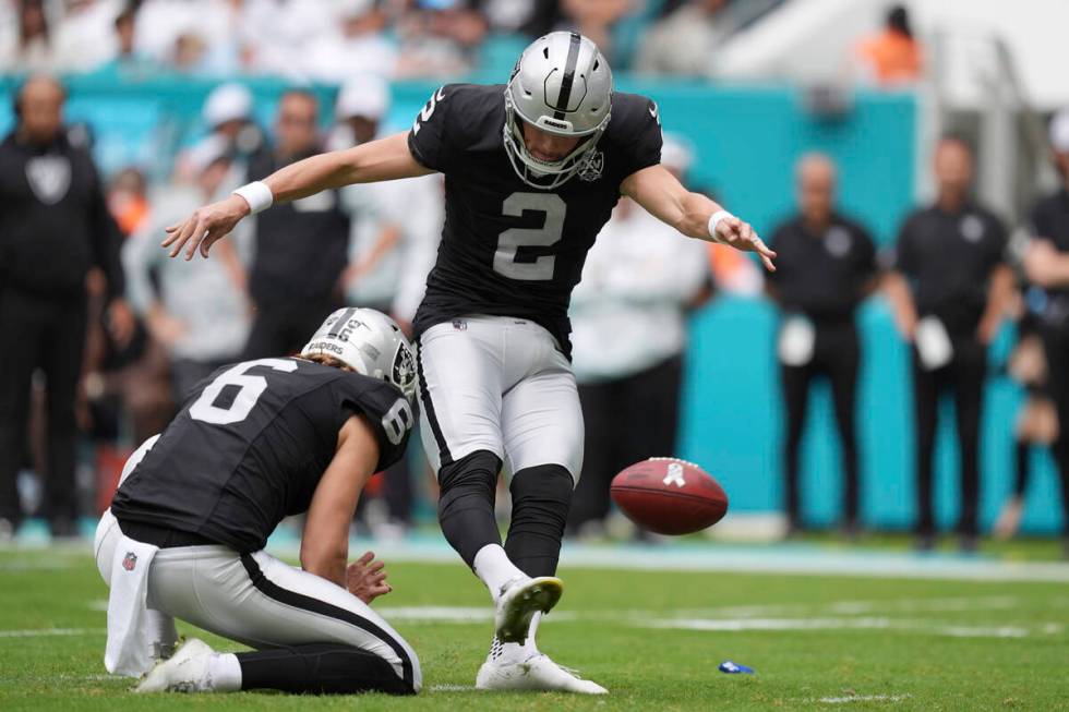 Las Vegas Raiders place kicker Daniel Carlson (2) kicks a field goal during the first half of a ...