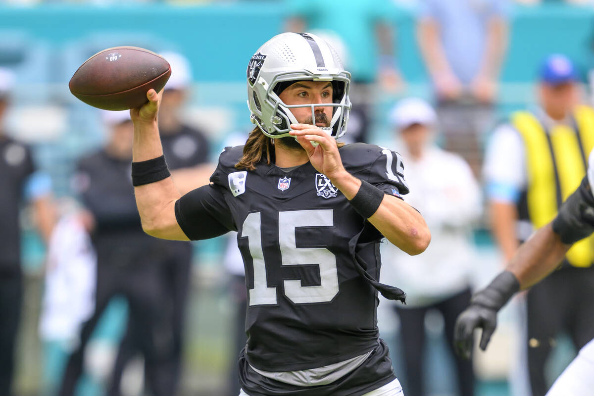 Las Vegas Raiders quarterback Gardner Minshew II (15) throws the ball during an NFL football ga ...