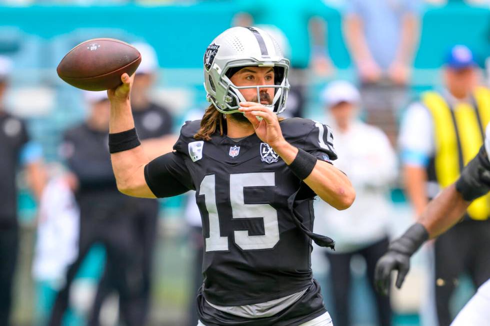 Las Vegas Raiders quarterback Gardner Minshew II (15) throws the ball during an NFL football ga ...