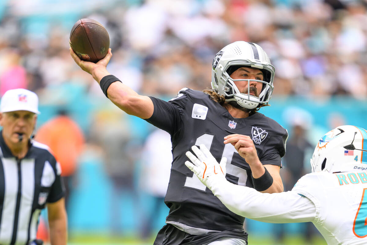 Las Vegas Raiders quarterback Gardner Minshew II (15) throws the ball under pressure from Miami ...