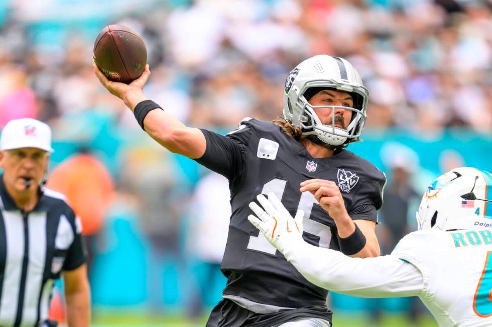 Las Vegas Raiders quarterback Gardner Minshew II (15) throws the ball under pressure from Miami ...