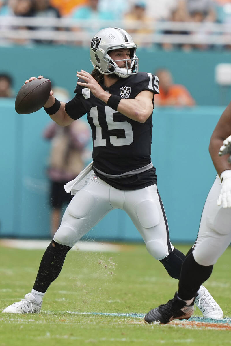 Las Vegas Raiders quarterback Gardner Minshew (15) aims a pass during the first half of an NFL ...