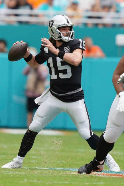 Las Vegas Raiders quarterback Gardner Minshew (15) aims a pass during the first half of an NFL ...