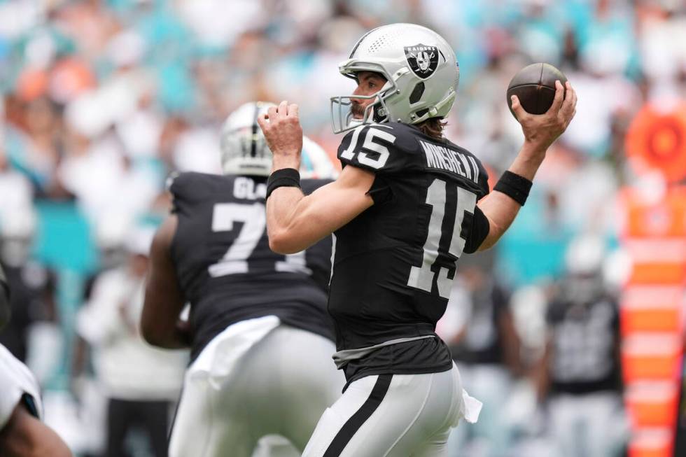 Las Vegas Raiders quarterback Gardner Minshew (15) aims a pass during the first half of an NFL ...