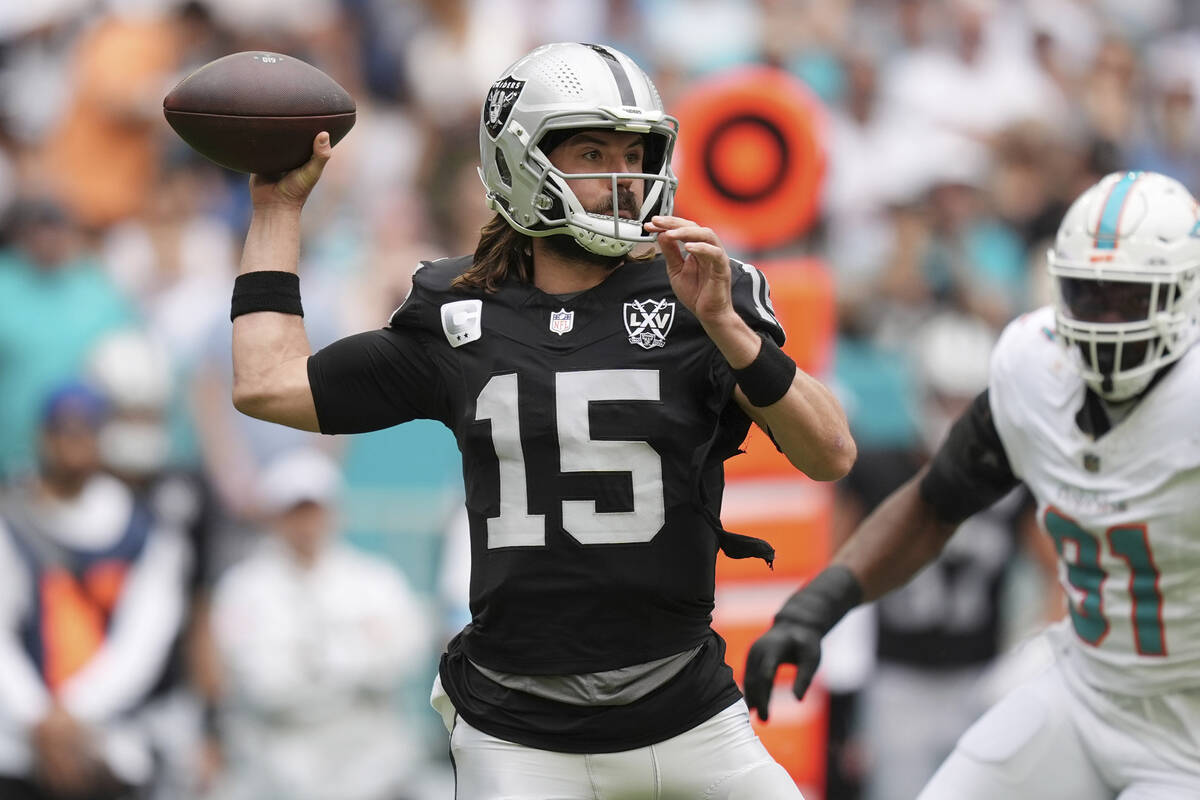 Las Vegas Raiders quarterback Gardner Minshew (15) aims a pass during the first half of an NFL ...