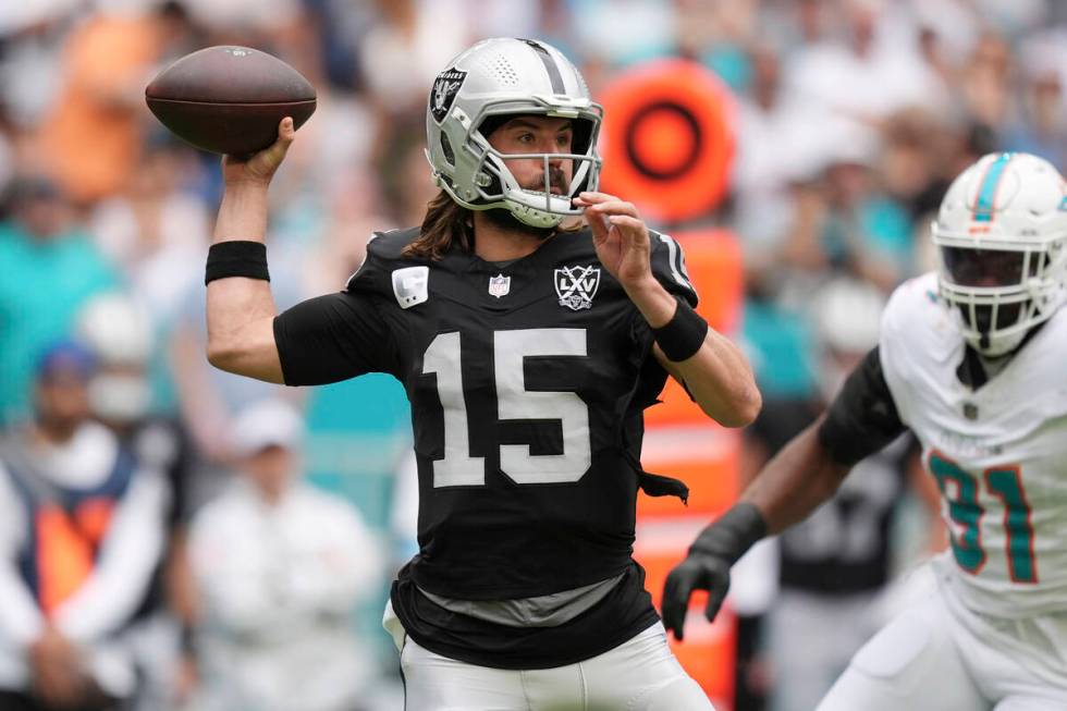 Las Vegas Raiders quarterback Gardner Minshew (15) aims a pass during the first half of an NFL ...