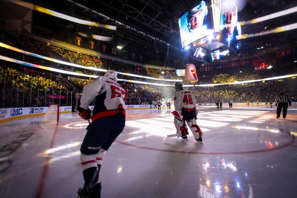 Washington Capitals take to the ice ahead of an NHL hockey game against the Golden Knights at t ...