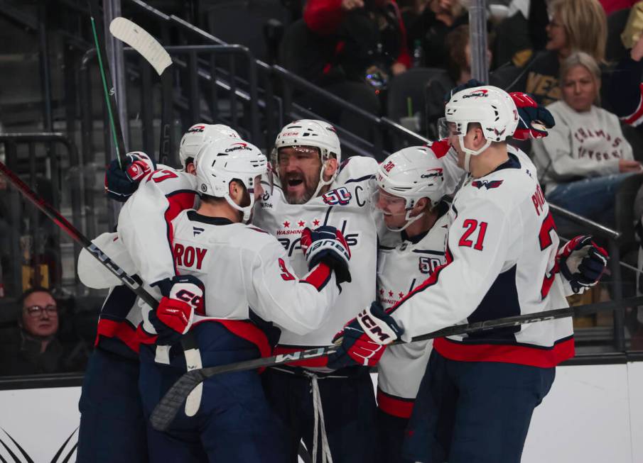 Washington Capitals left wing Alex Ovechkin (8) celebrates his goal against the Golden Knights ...