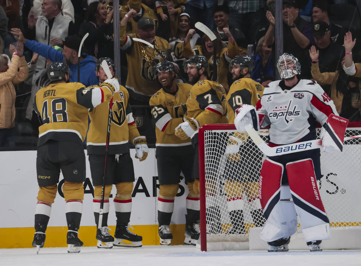 Golden Knights right wing Keegan Kolesar (55) celebrates his goal against the Washington Capita ...