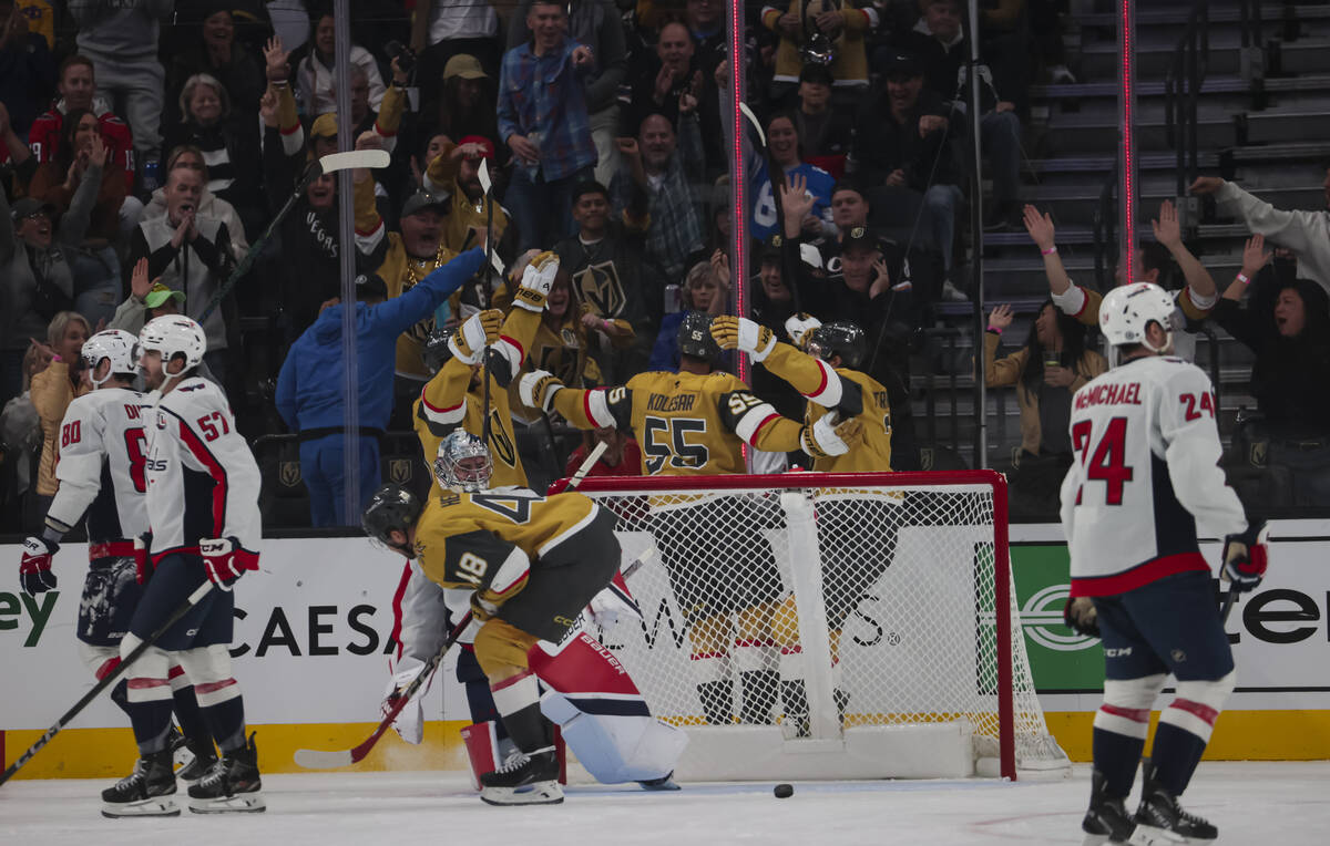 Golden Knights right wing Keegan Kolesar (55) celebrates his goal against the Washington Capita ...