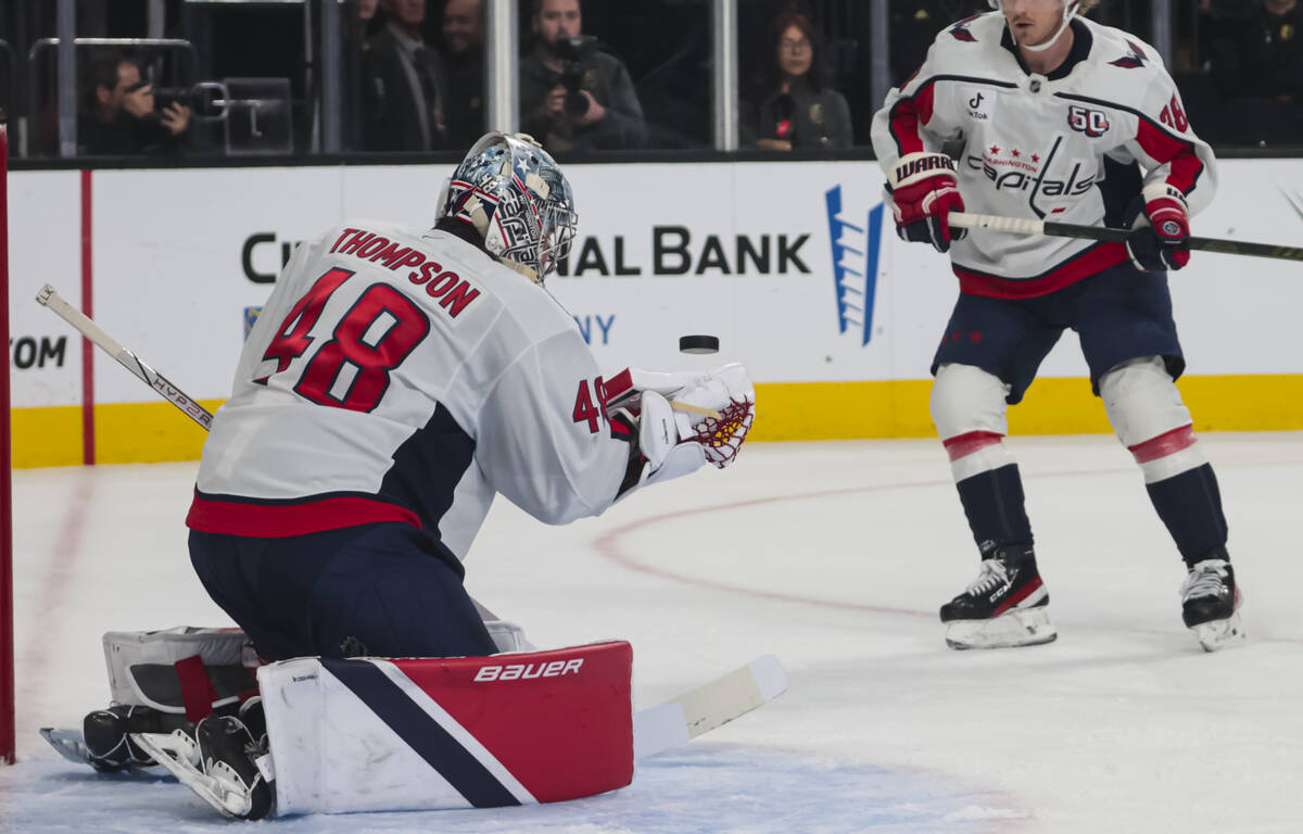 Washington Capitals goaltender Logan Thompson (48) makes a save against the Golden Knights duri ...