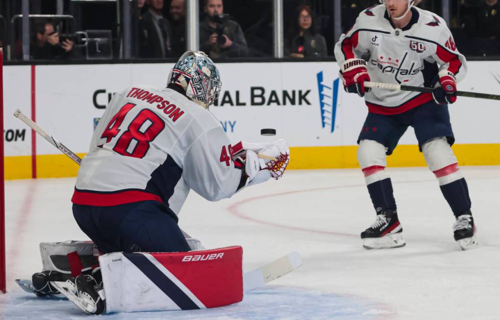 Washington Capitals goaltender Logan Thompson (48) makes a save against the Golden Knights duri ...