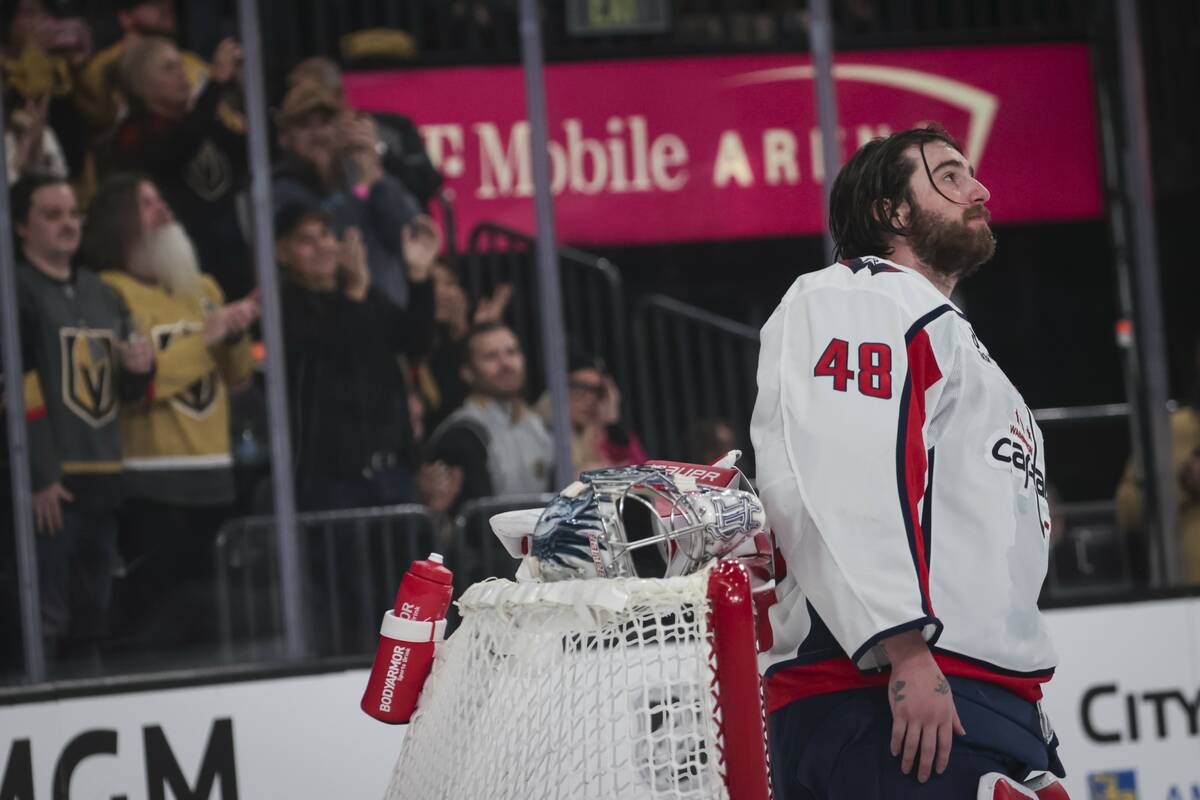 Washington Capitals goaltender Logan Thompson (48) watches a video highlighting his time as a G ...