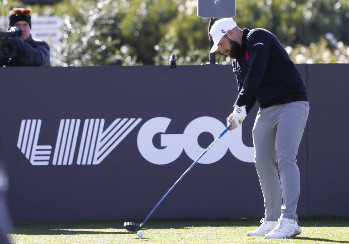 Tyrrell Hatton of team Legion XIII drives off the tee during the first round of LIV Golf Las Ve ...