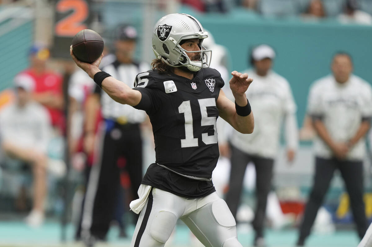 Las Vegas Raiders quarterback Gardner Minshew (15) aims a pass during the second half of an NFL ...