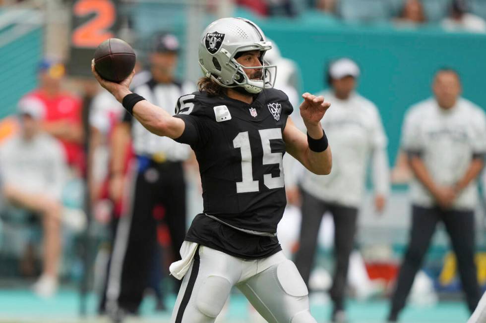 Las Vegas Raiders quarterback Gardner Minshew (15) aims a pass during the second half of an NFL ...