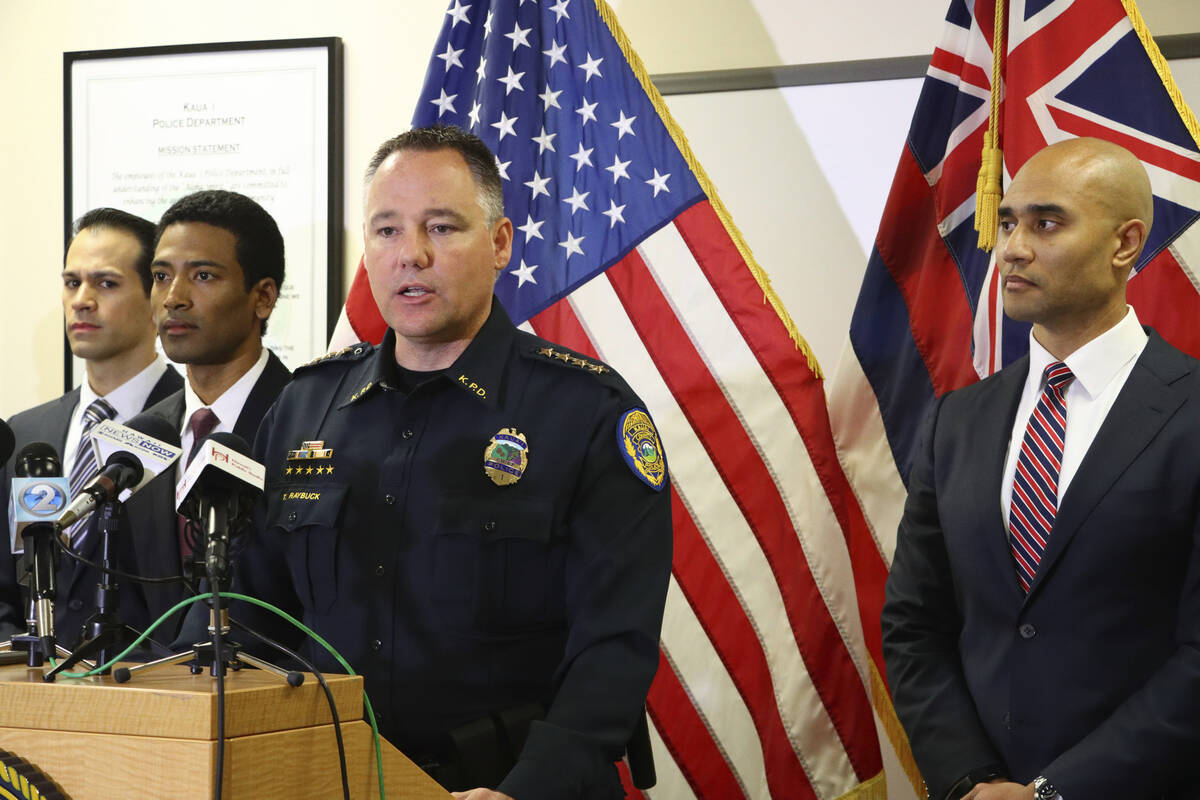 FILE - This Feb. 28, 2020 file photo shows Kauai Police Chief Todd Raybuck speaking at a news c ...