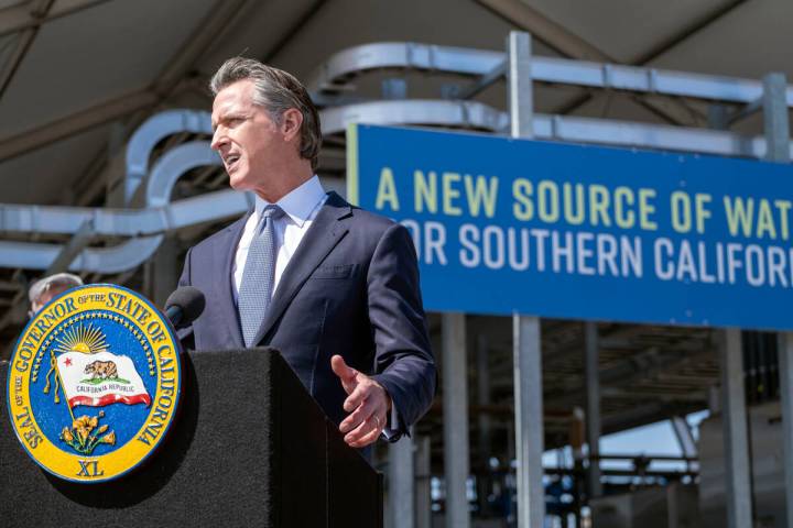 California Gov. Gavin Newsom speaks to the media after a tour of a Metropolitan Water District ...